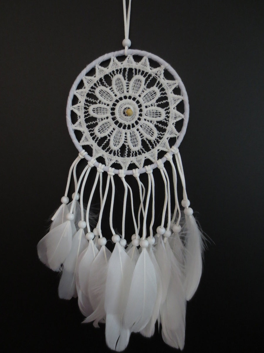 15cm Crochet Dreamcatcher White with Goose Feathers