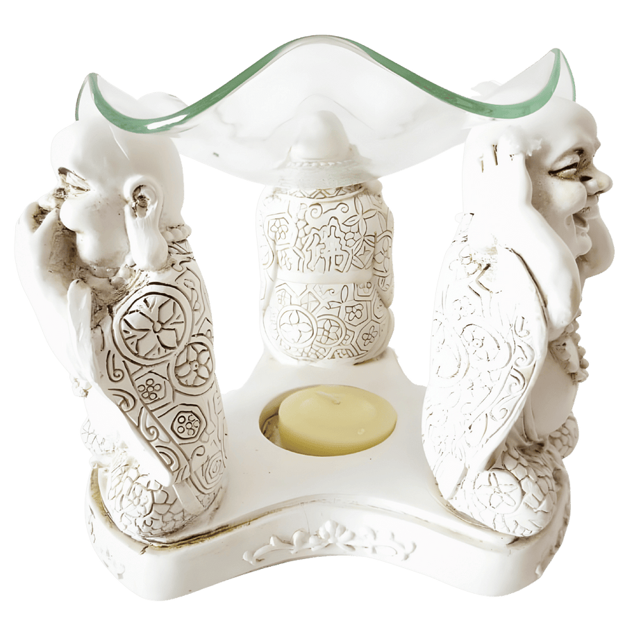 3 blije boeddha's 'horen, zien, zwijgen' oliebrander wit