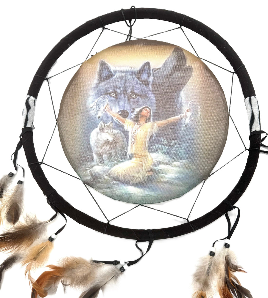 38cm Dreamcatcher Indian woman with Wolf (I)