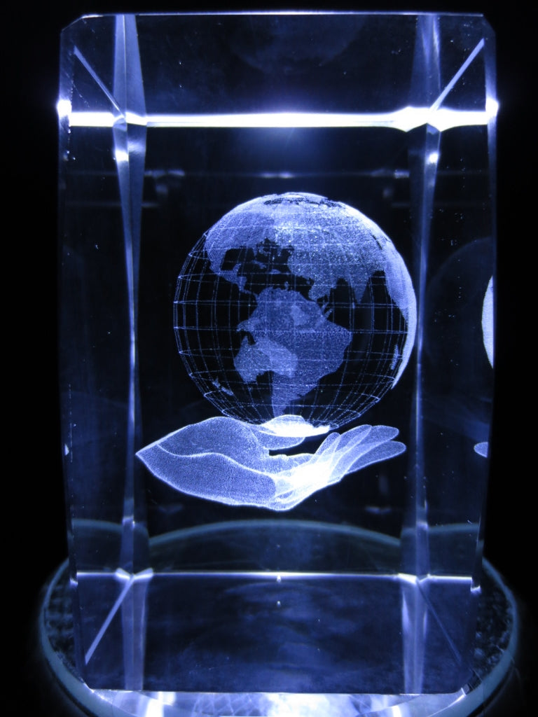 3D Crystal Laser Engraved Block – Hand with the World