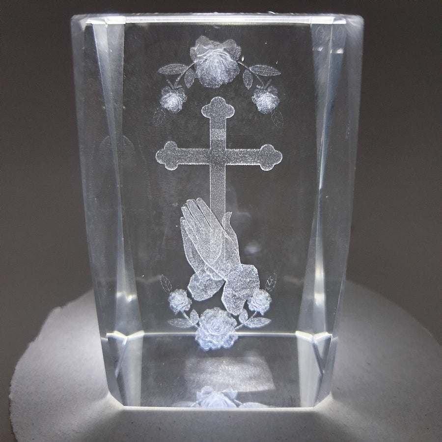3D Crystal Laser Engraved Block – Hand, Cross, and Rose