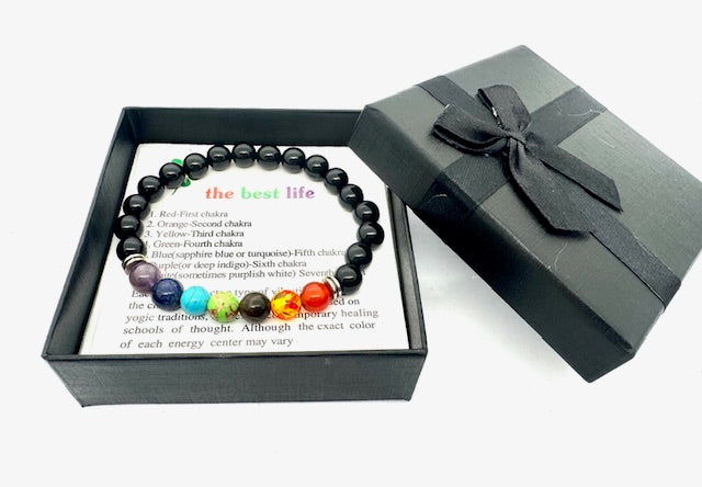8mm 7-Chakra Zwarte Onyx Edelsteen Armband – Inclusief Cadeaubox