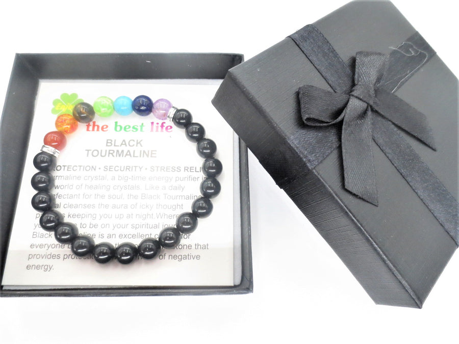 8mm 7-Chakra Black Tourmaline Gemstone Bracelet – Gift Box Included