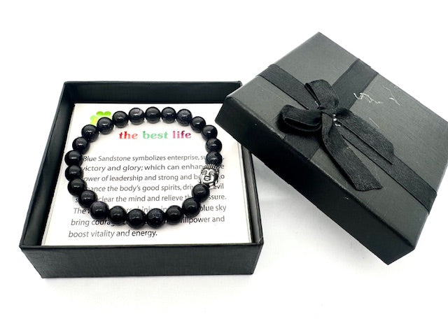 8mm Buddha Blue Sandstone Gemstone Bracelet – Gift Box Included