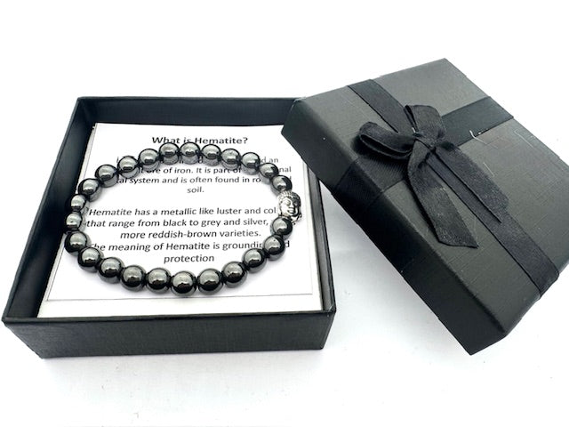 8mm Buddha Hematite Gemstone Bracelet – Gift Box Included