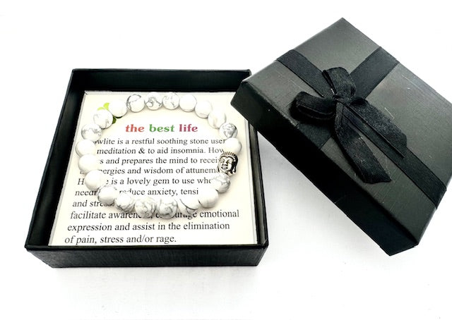 8mm Buddha White Howlite Gemstone Bracelet – Gift Box Included
