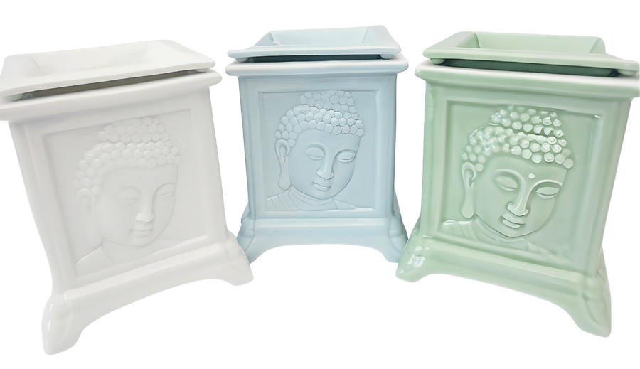 Buddha oliebrander luxe set van 3 – jade, lichtblauw & wit