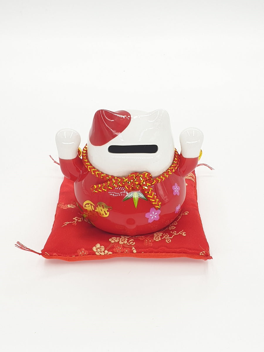 Lucky Cat Money Box on Cushion with 2 Bells (Red)