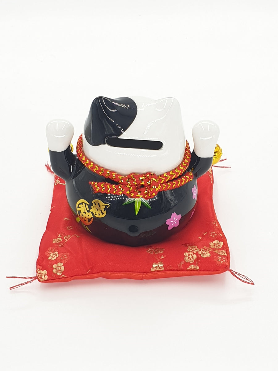 Lucky Cat Money Box on Cushion with 2 Bells (Black)
