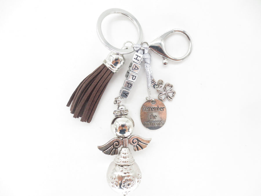 Dark Brown "HAPPY" Angel Keychain with Tassel