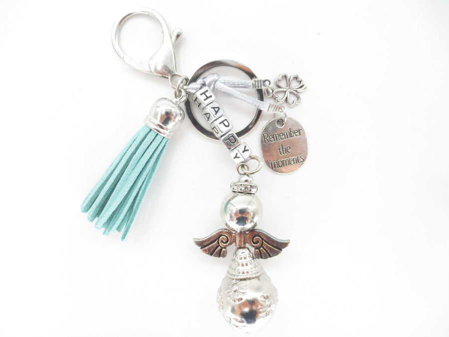 Turquoise "HAPPY" Angel Keychain with Tassel