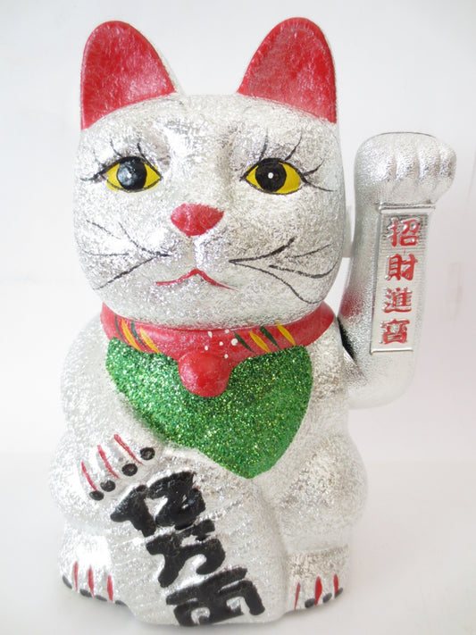 Lucky Glitter Cat Silver with Moveable Arm (Large)