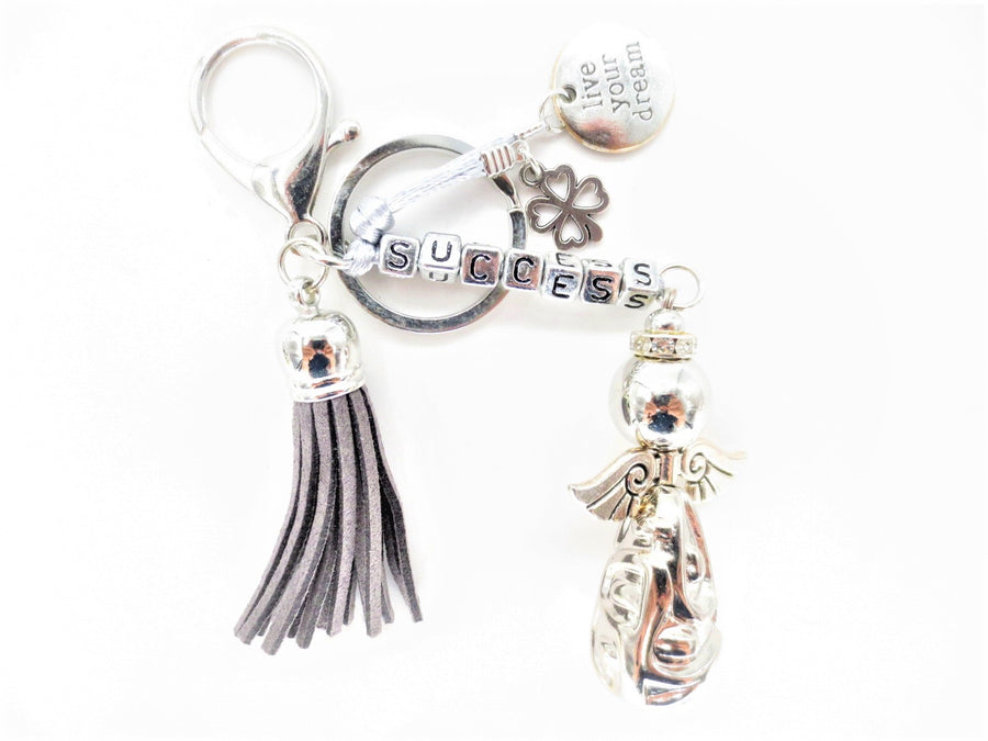 Gray "SUCCESS" Angel Keychain with Tassel