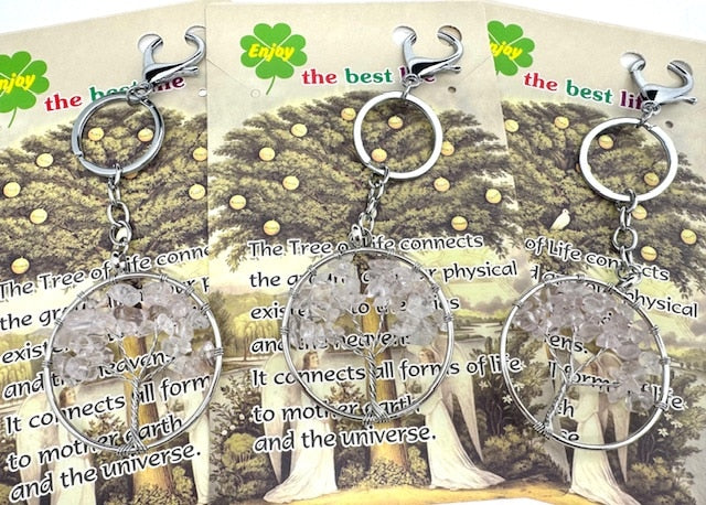 Tree of Life Keychains with Rock Crystal Gemstones