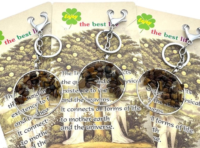 Tree of Life Keychains with Tiger Eye Gemstones