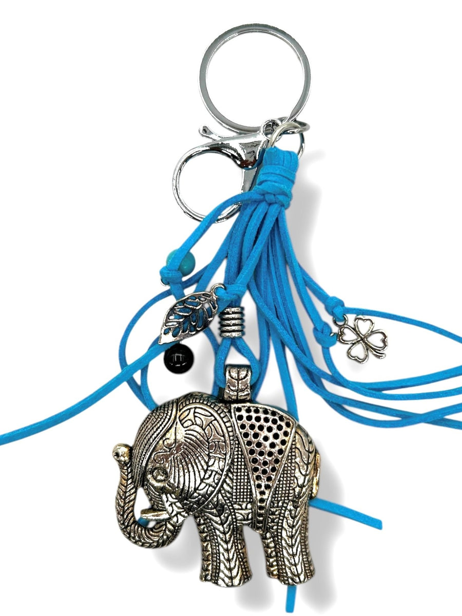 Wholesale Metal Elephant Keychain with Blue Tassels
