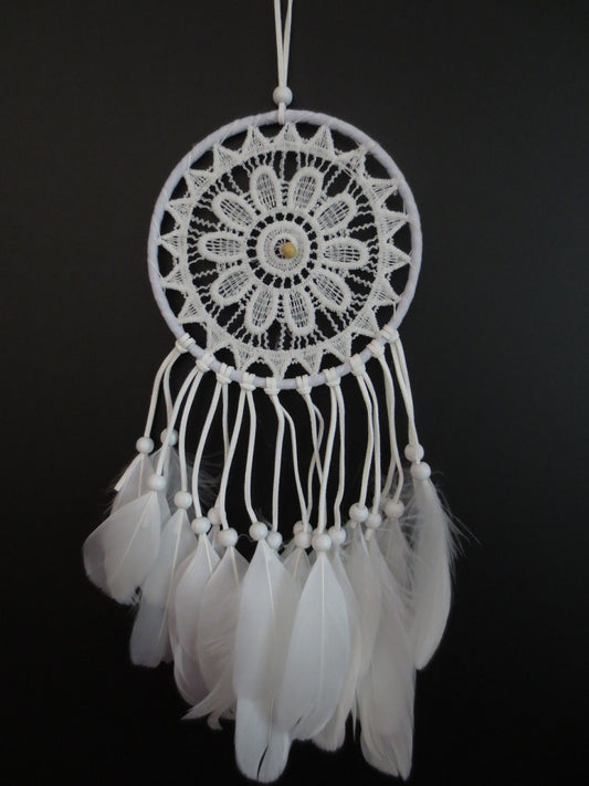 15cm Crochet Dreamcatcher White with Goose Feathers