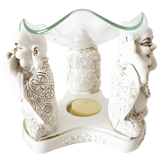 3 blije boeddha's 'horen, zien, zwijgen' oliebrander wit