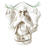 3 blije boeddha's 'horen, zien, zwijgen' oliebrander wit