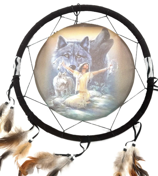 38cm Dreamcatcher Indian woman with Wolf (I)