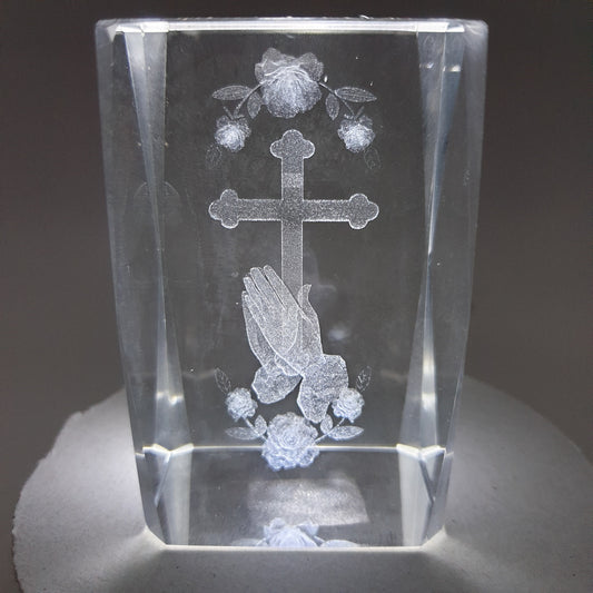 3D Crystal Laser Engraved Block – Hand, Cross, and Rose