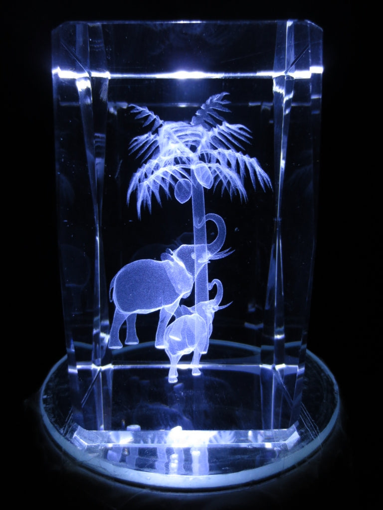 3D Crystal Laser Engraved Block – Two Elephants with Palm Tree