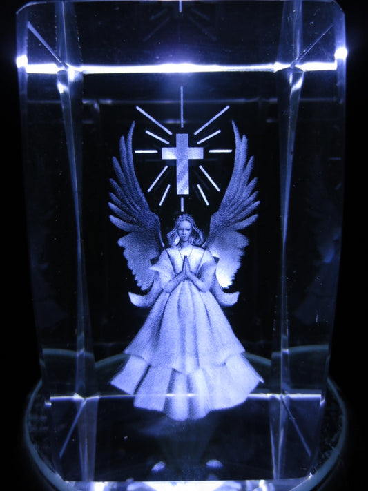 3D Crystal Laser Engraved Block – Angel and Cross