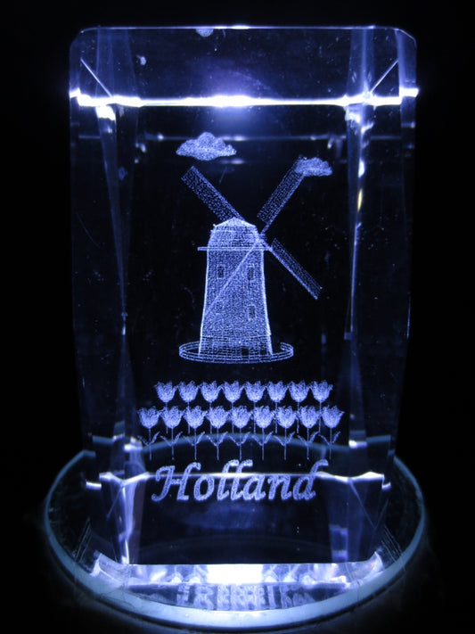 3D Crystal Laser Engraved Block – Windmill and Tulips