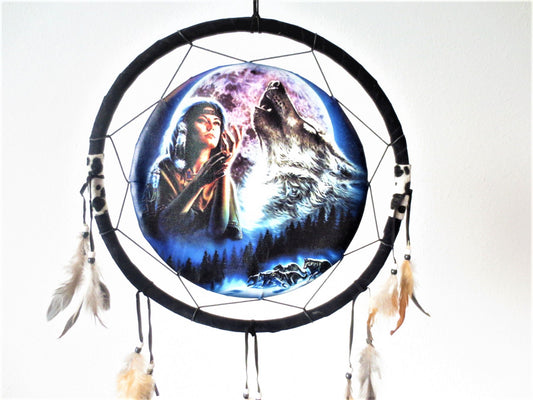 38cm Dreamcatcher Indian woman with Wolf (II)