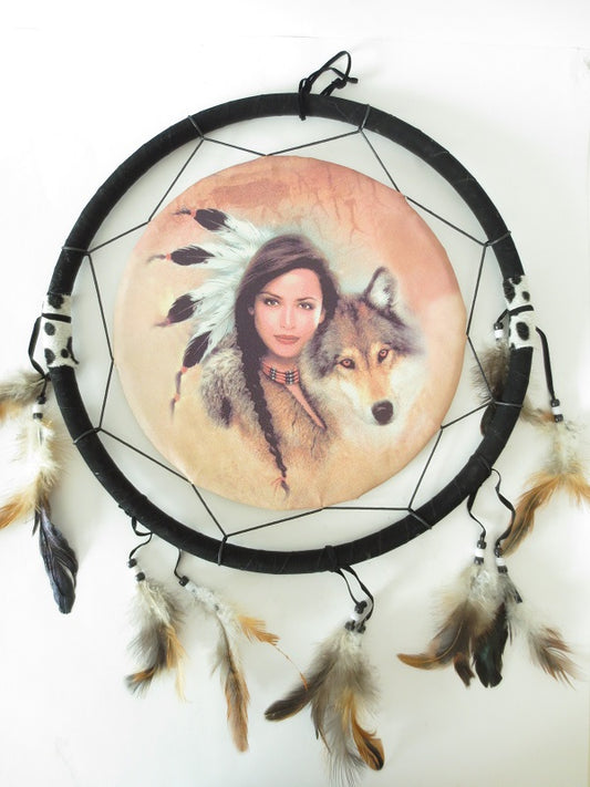 38cm Dreamcatcher Indian Woman with Wolf