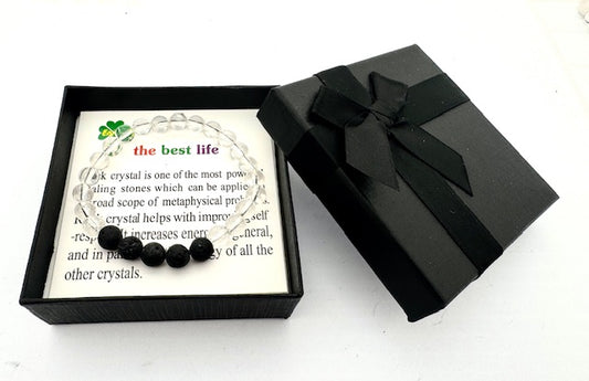 8mm Rock Crystal &amp; Lava Stone Gemstone Bracelet – Gift Box Included