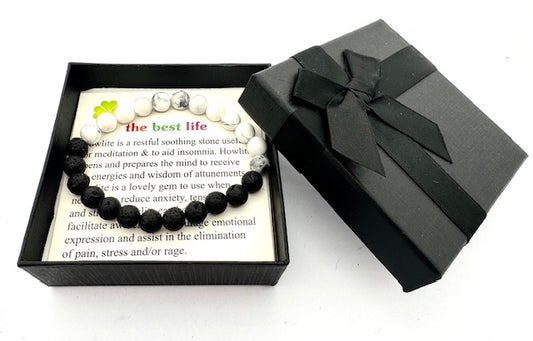 8mm Howlite and Lava Stone Gemstone Bracelet – Gift Box Included