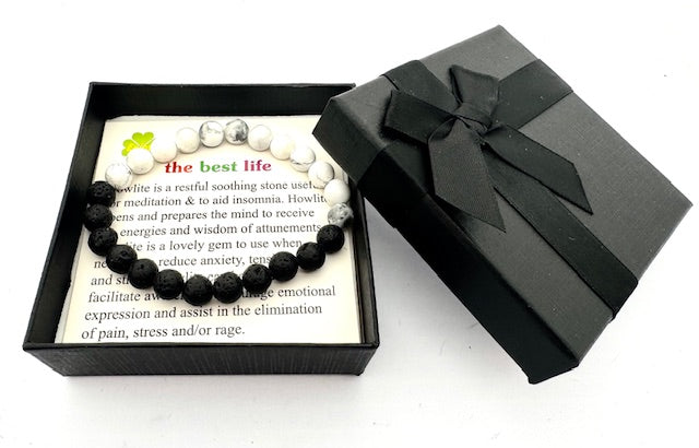 8mm Howlite and Lava Stone Gemstone Bracelet – Gift Box Included