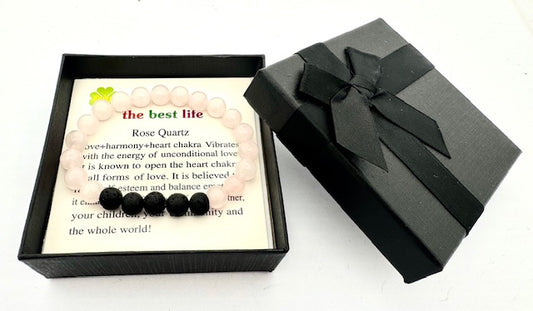 8mm Rose Quartz and Lava Stone Gemstone Bracelet – Gift Box Included