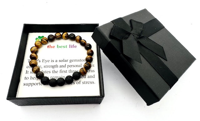 8mm Tiger Eye and Lava Stone Gemstone Bracelet – Gift Box Included