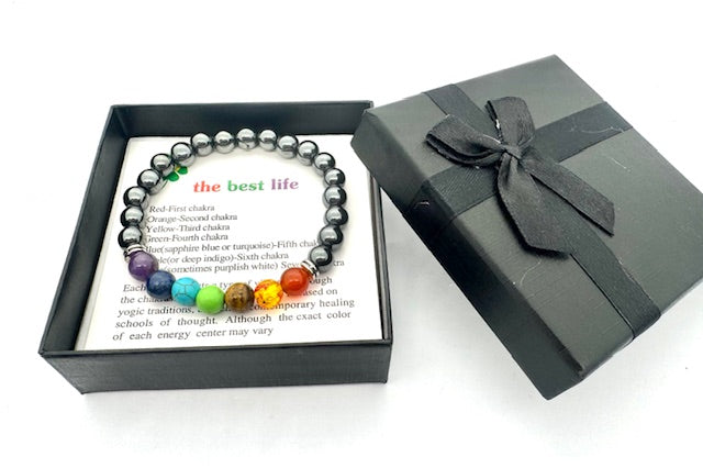 8mm 7-Chakra Hematite Gemstone Bracelet – Gift Box Included