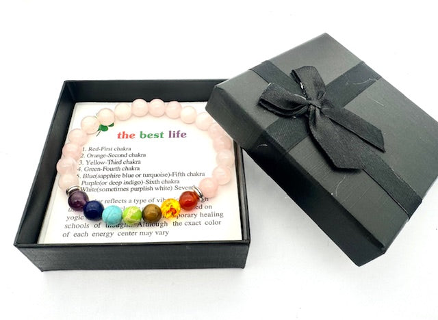 8mm 7-Chakra Rose Quartz Gemstone Bracelet – Gift Box Included