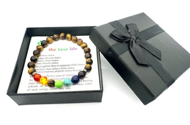 8mm 7-Chakra Tiger Eye Gemstone Bracelet – Gift Box Included