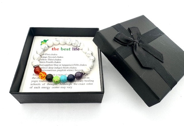 8mm 7-Chakra White Howlite Gemstone Bracelet – Gift Box Included