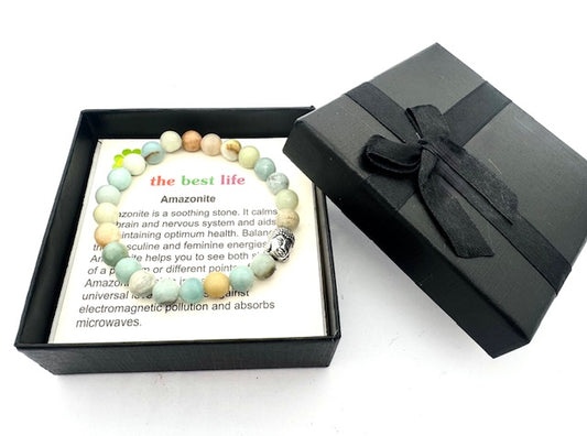 8mm Boeddha Amazoniet Armband – Inclusief Cadeaubox