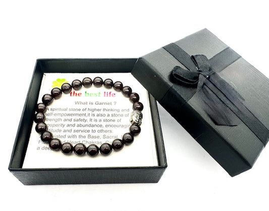 8mm Boeddha Granaat Armband – Inclusief Cadeaubox