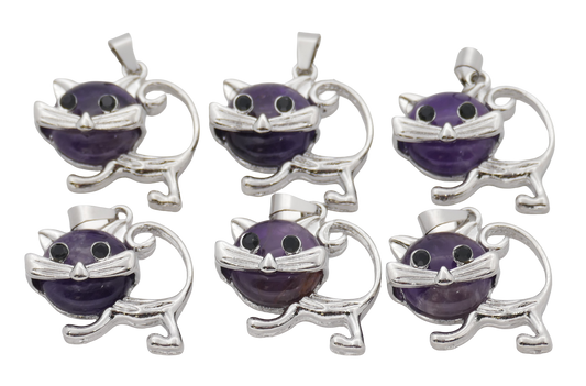 Amethist Kat Edelsteen Hangers (Set van 6 Stuks)