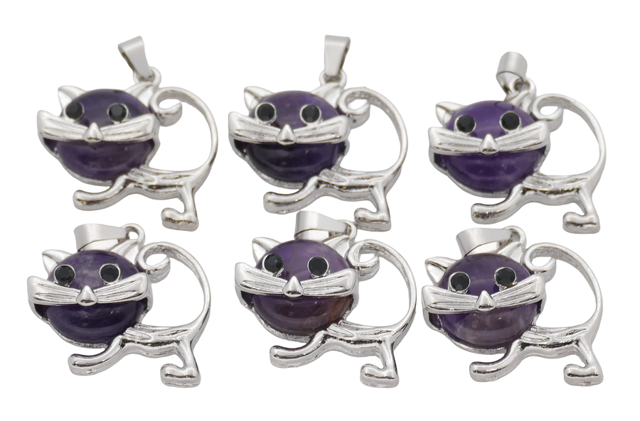 Amethist Kat Edelsteen Hangers (Set van 6 Stuks)