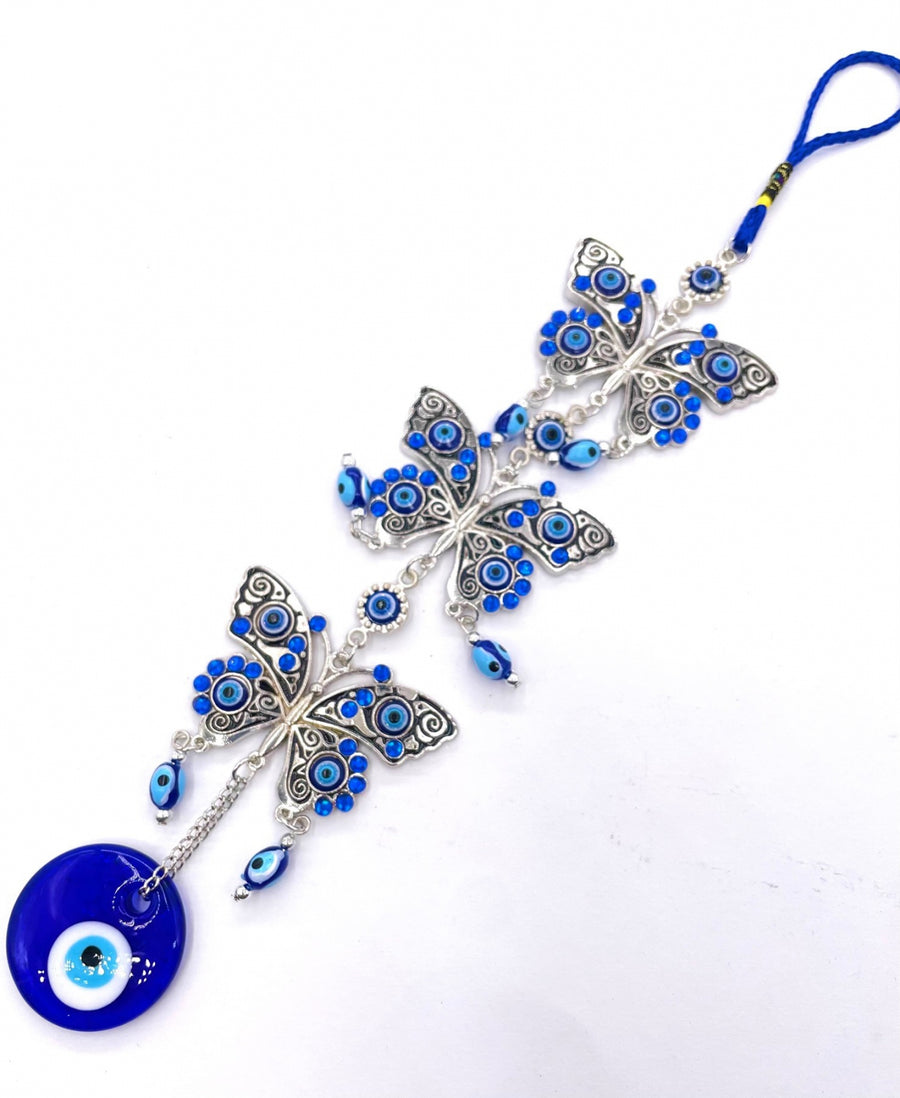 Blue Evil Eye Pendant with 3 Butterflies