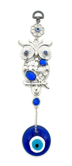 Blauwe Boze Oog Hanger met Uil, Set van 3