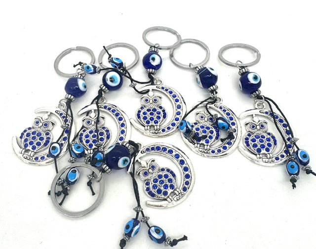 Blue Evil Eye Keychain Set Owl on Moon (6 pieces)