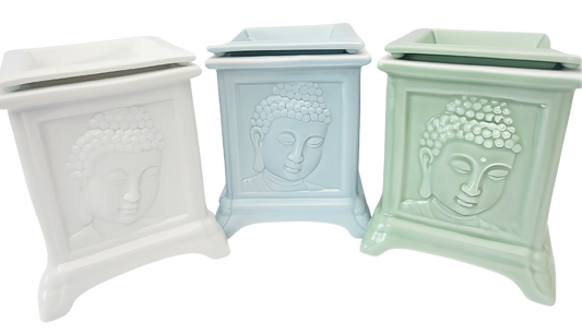 Buddha oliebrander luxe set van 3 – jade, lichtblauw &amp; wit