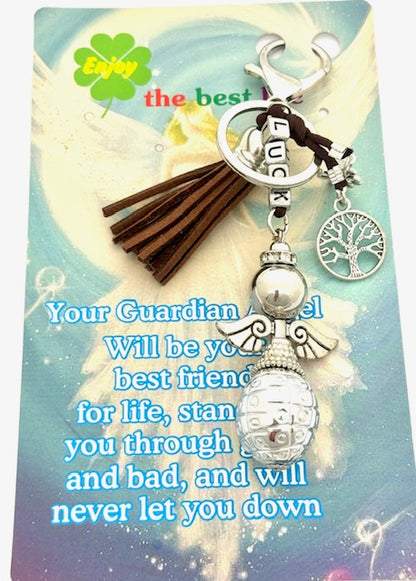 Bruine "LUCK" Angel Sleutelhanger met Tassel