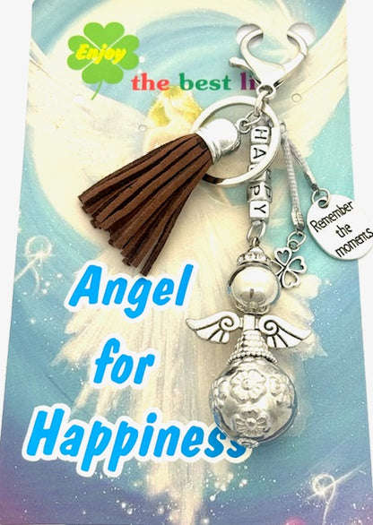 Donkerbruine "HAPPY" Angel Sleutelhanger met Tassel