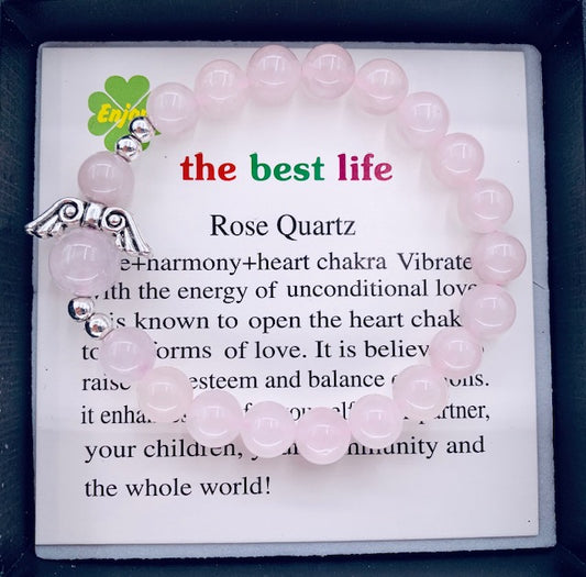 8mm Angel Bracelet with Box - Rose Quartz